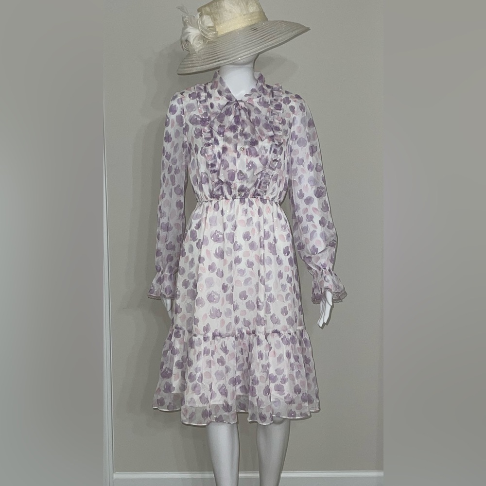 NWT Bow Tie Neck Floral Print Button Front Ruffle Hem A-line Dress Lilac Size S - Picture 12 of 16